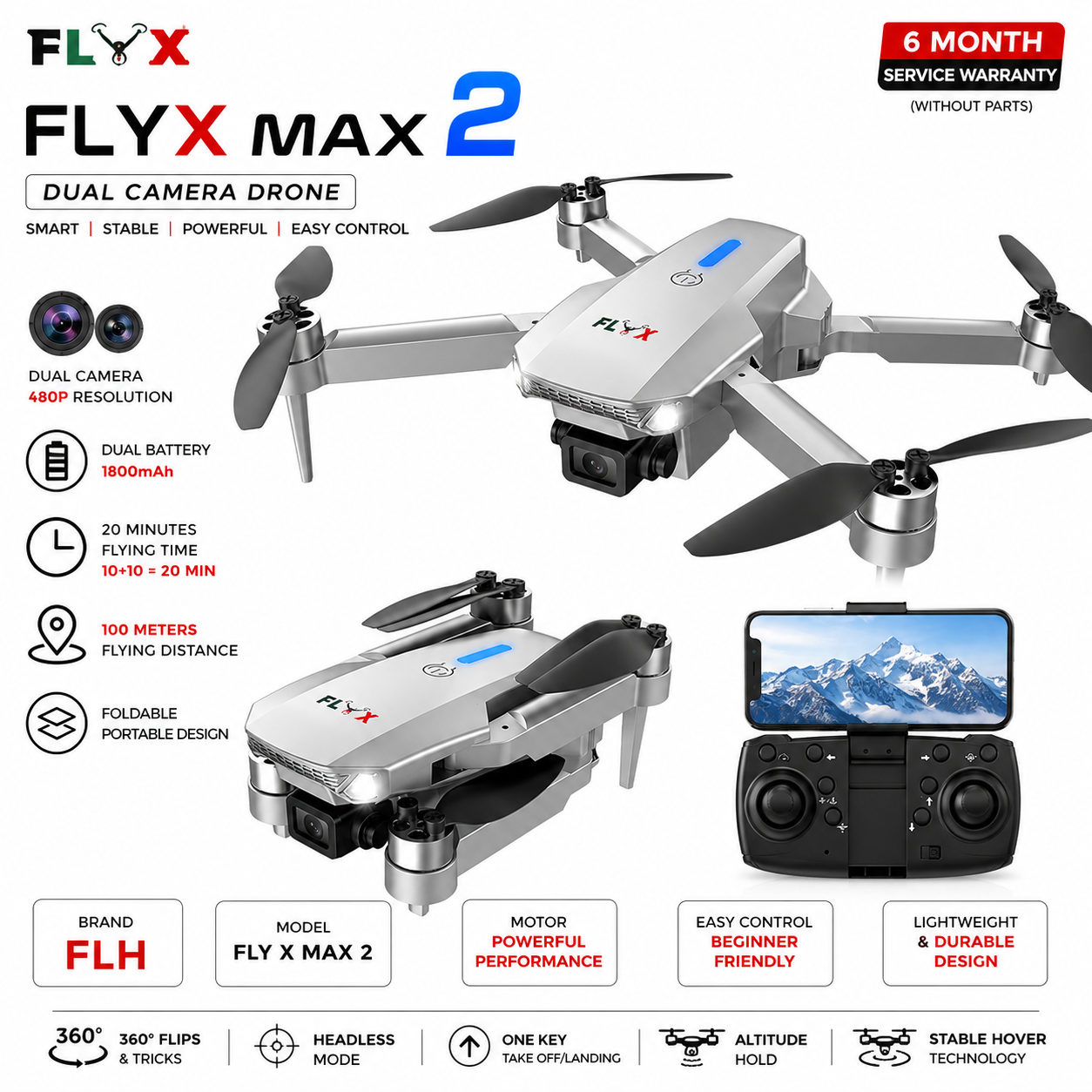 FlyX Max 2 Flying RC Quadcopter with HD Camera, Stable Flight, Long Range Control, Foldable Design and Extended Flight Time