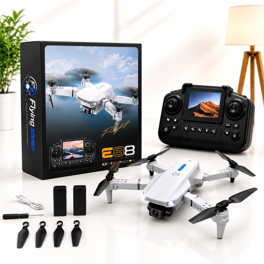 E88 Pro Penion Mini Display Dual Camera Drone with Remote Control, 420P HD Camera, Dual 1800mAh Battery, Foldable Portable Design, Stable Flight Control & 100M Range