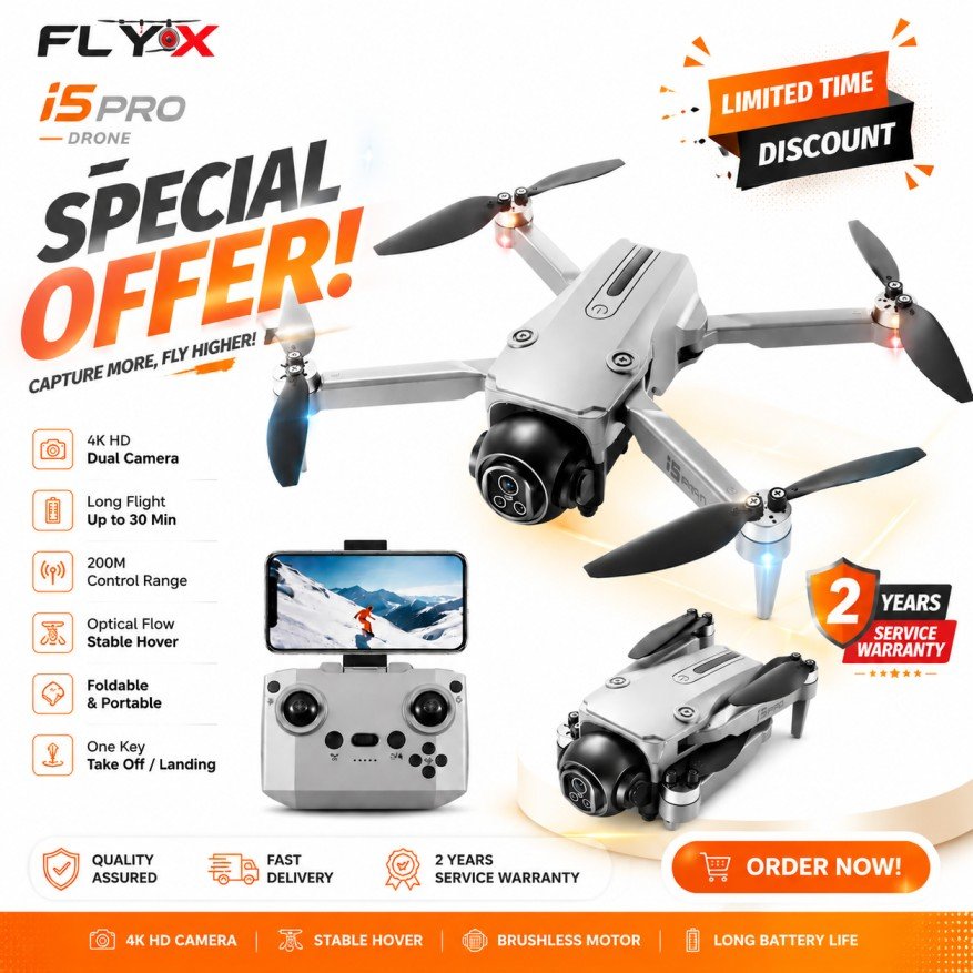 I5 Pro FPV WiFi Drone with Brushless Motor, Optical Flow Hover, One Key Landing & Takeoff, Dual Battery Foldable RC Quadcopter with HD Camera